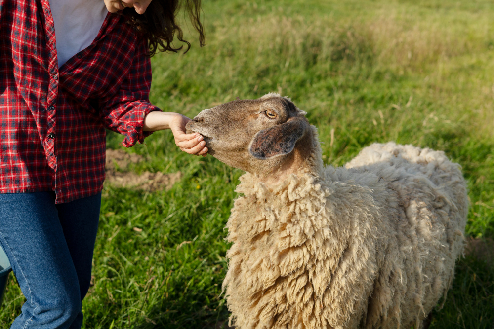 side view smiley woman petting sheep