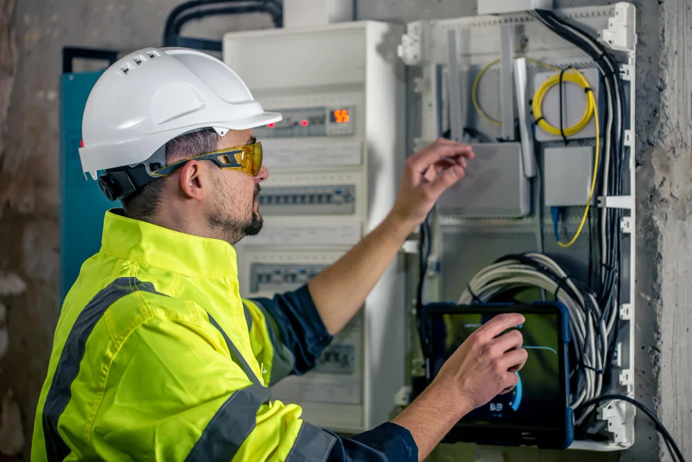 Qual o tamanho da caixa do medidor de energia? 4 man electrical technician working switchboard with fuses uses tablet